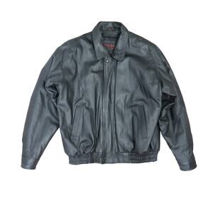 Vintage 90s black leather zip front biker moto jacket Mens Large